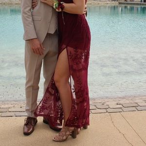 Burgundy Lace Maxi Halter Prom Dress Romper